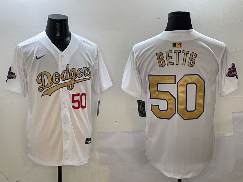 Men Los Angeles Dodgers #50 Betts White Champion gold character 2025 Nike MLB Jersey style 12->los angeles dodgers->MLB Jersey